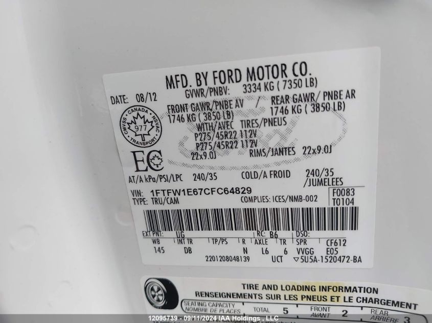 2012 Ford F-150 Harley-Davidson VIN: 1FTFW1E67CFC64829 Lot: 12095739