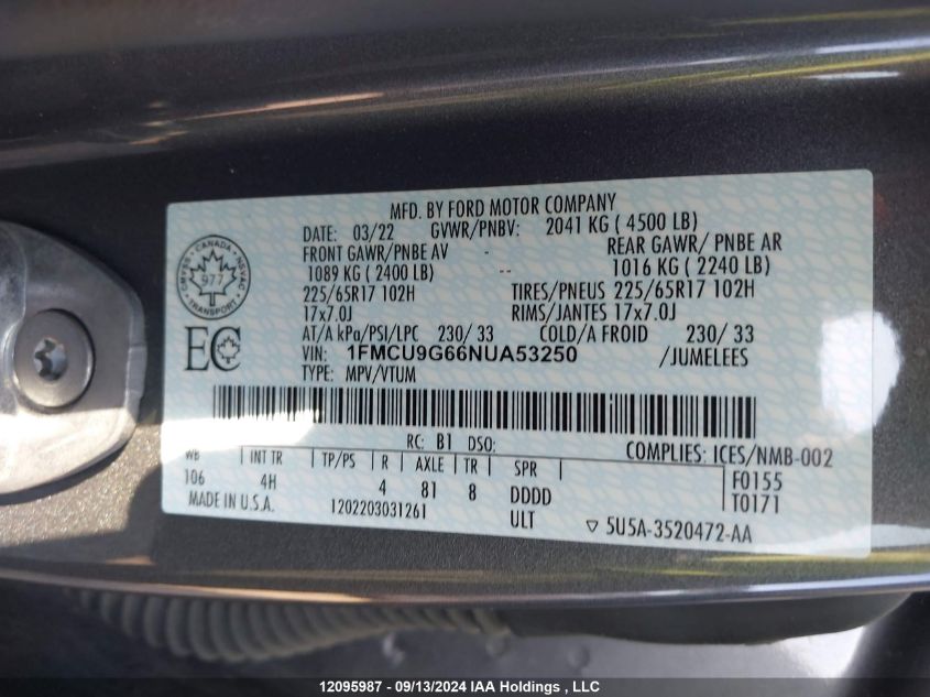 1FMCU9G66NUA53250 2022 Ford Escape Se