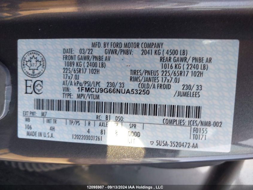 1FMCU9G66NUA53250 2022 Ford Escape Se