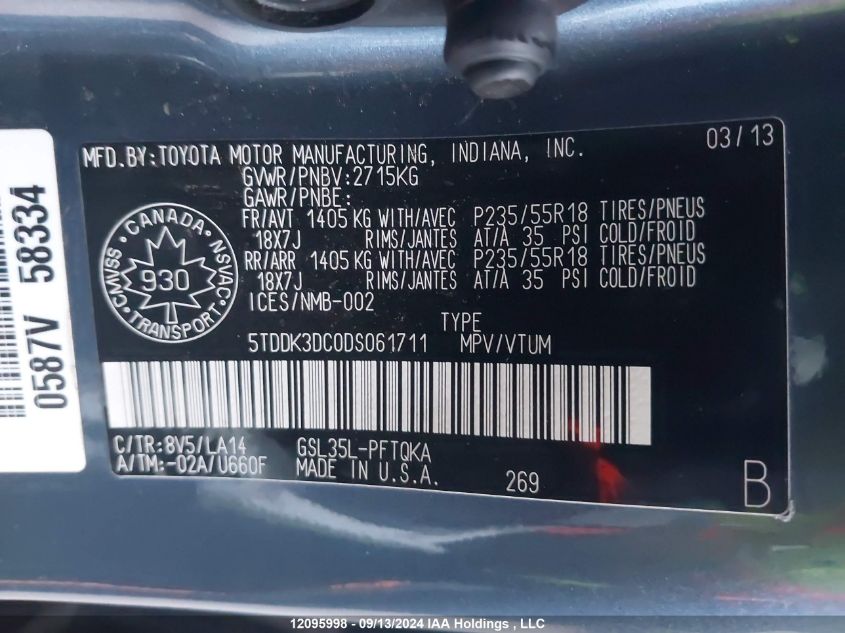 5TDDK3DC0DS061711 2013 Toyota Sienna Xle/Limited