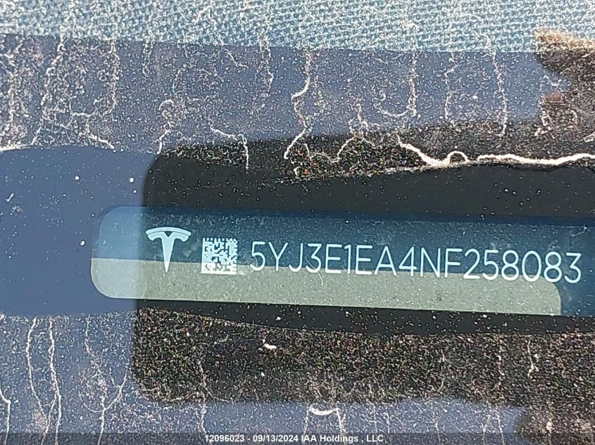 5YJ3E1EA4NF258083 2022 Tesla Model 3