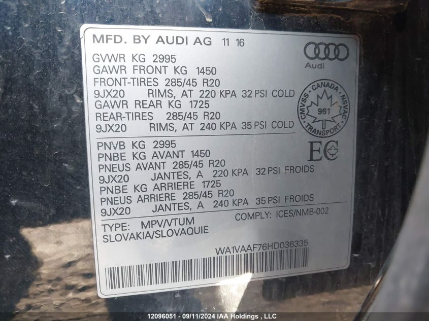 2017 Audi Q7 VIN: WA1VAAF76HD036335 Lot: 12096051