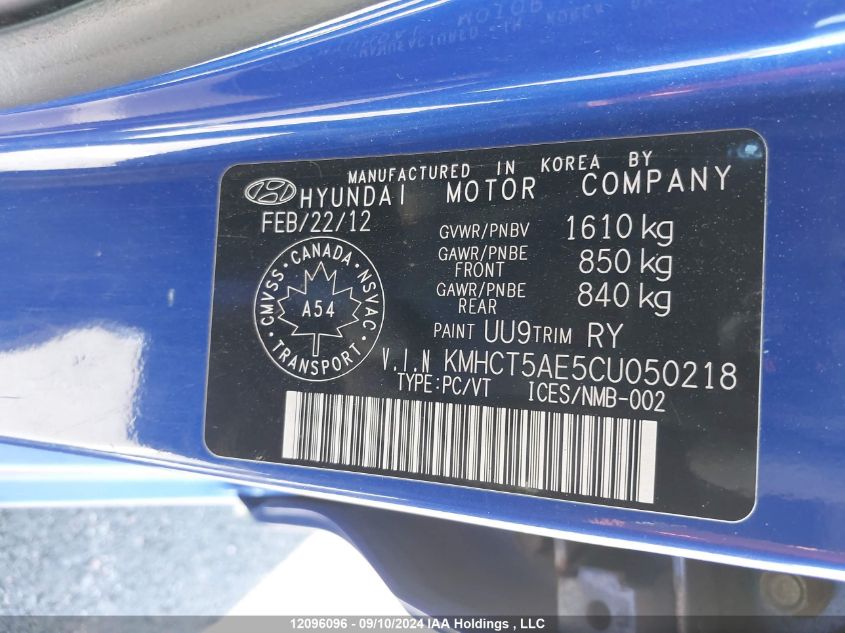 KMHCT5AE5CU050218 2012 Hyundai Accent Gl