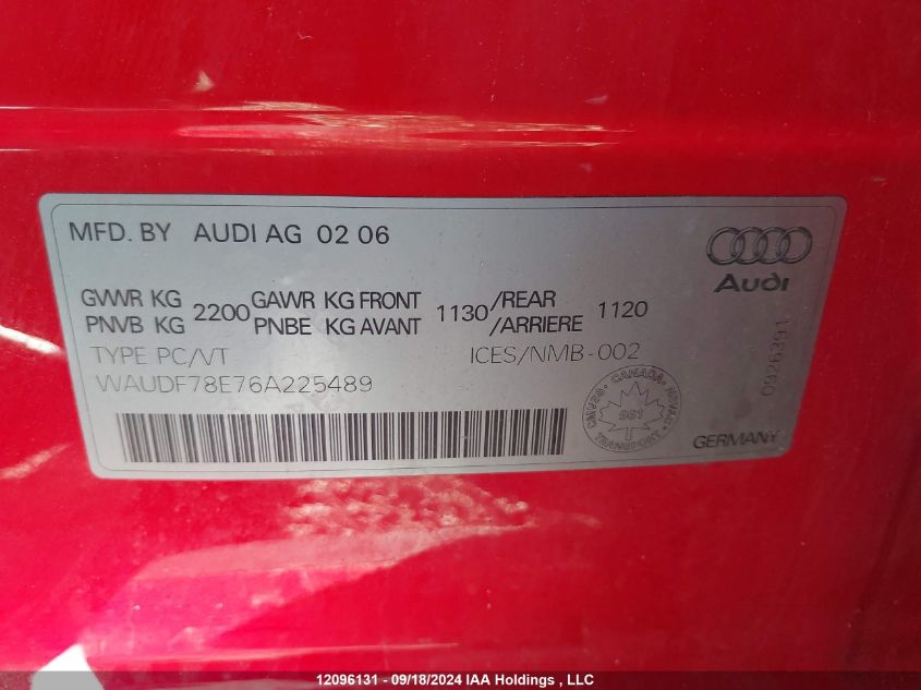 2006 Audi A4 VIN: WAUDF78E76A225489 Lot: 12096131