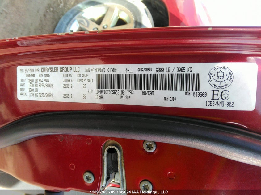 2011 Ram Ram 1500 Sport VIN: 1D7RV1CT8BS653192 Lot: 12096265