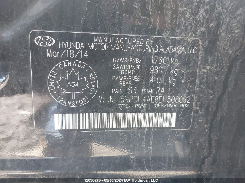 5NPDH4AE8EH508092 2014 Hyundai Elantra