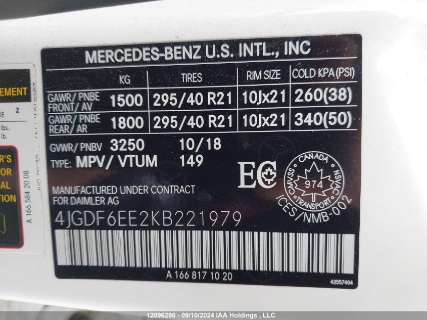 2019 Mercedes-Benz Gls VIN: 4JGDF6EE2KB221979 Lot: 12096298