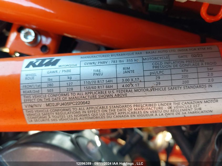 2023 Ktm 390 Duke VIN: MD2JPJ405PC220642 Lot: 12096389