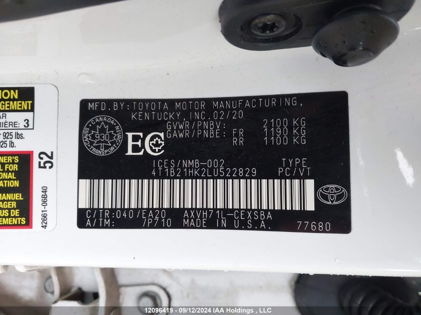 4T1B21HK2LU522829 2020 Toyota Camry Xle/Se