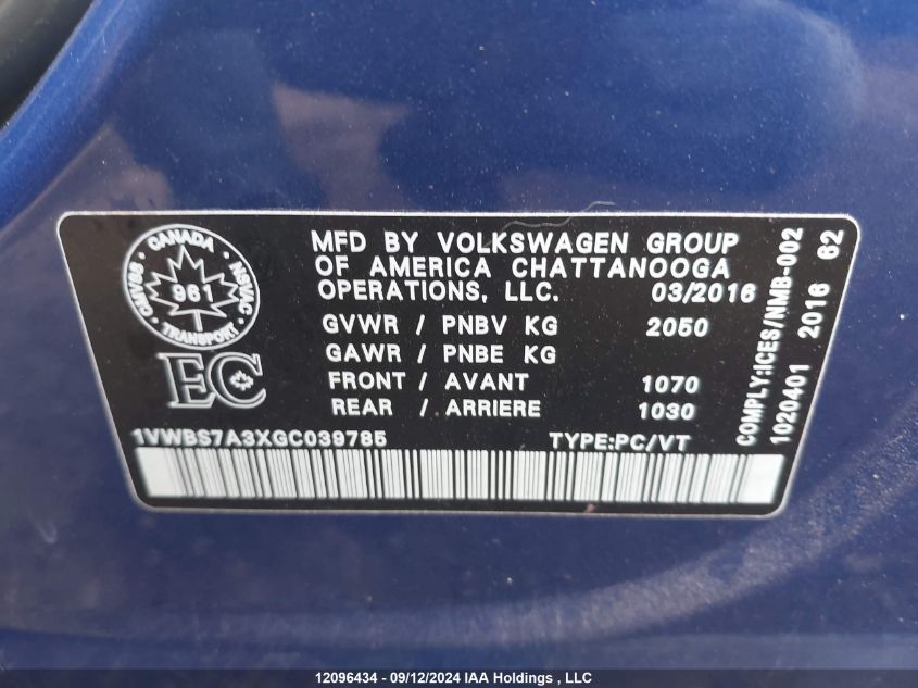 1VWBS7A3XGC039785 2016 Volkswagen Passat