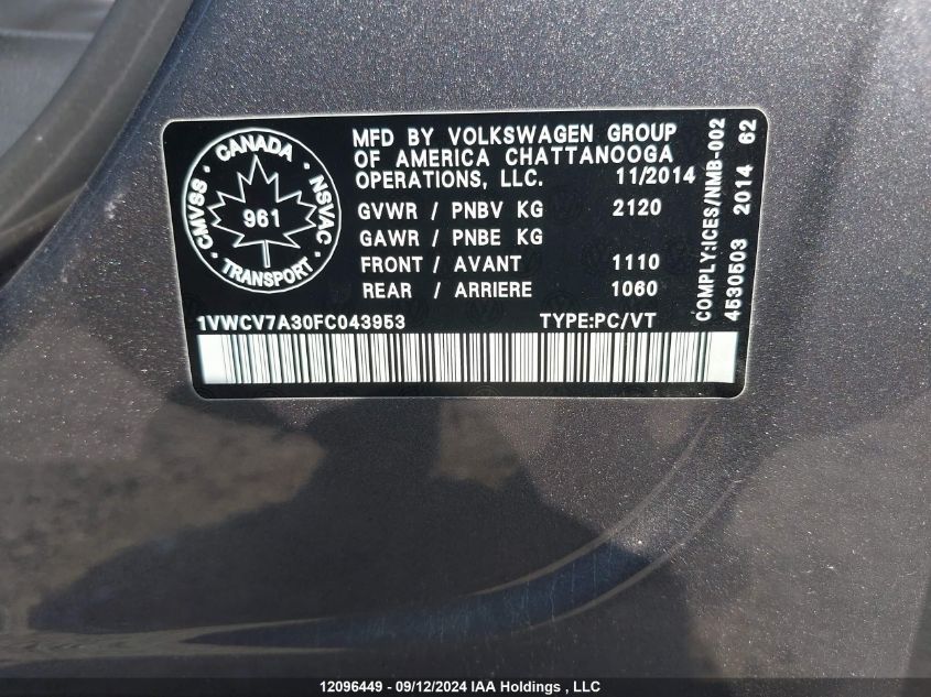 1VWCV7A30FC043953 2015 Volkswagen Passat