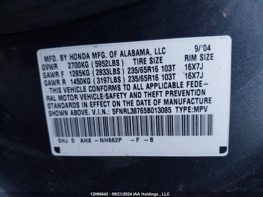 5FNRL38765B013085 2005 Honda Odyssey