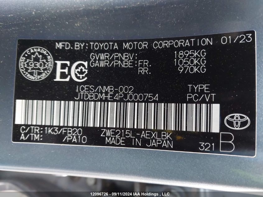 2023 Toyota Corolla Hybrid Le VIN: JTDBDMHE4PJ000754 Lot: 12096726