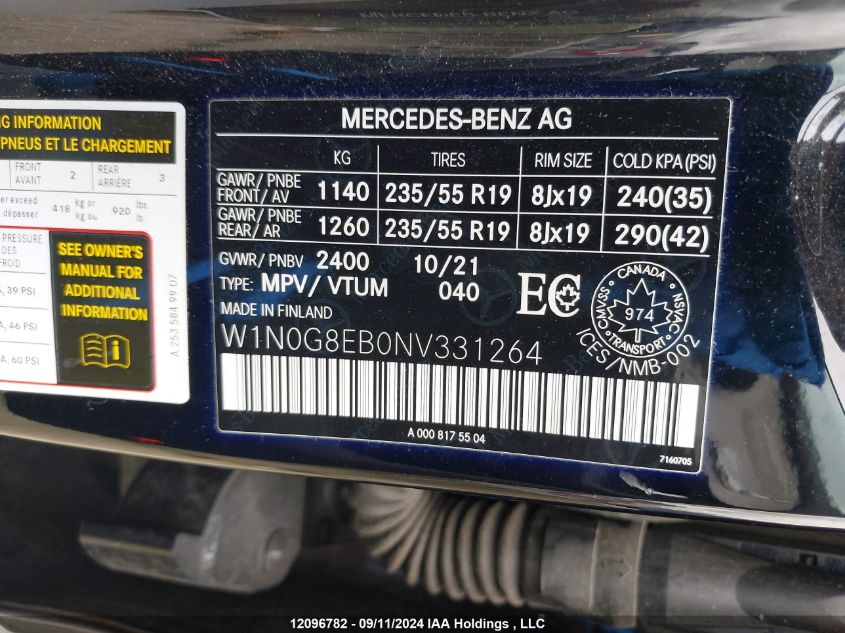 2022 Mercedes-Benz Glc VIN: W1N0G8EB0NV331264 Lot: 12096782