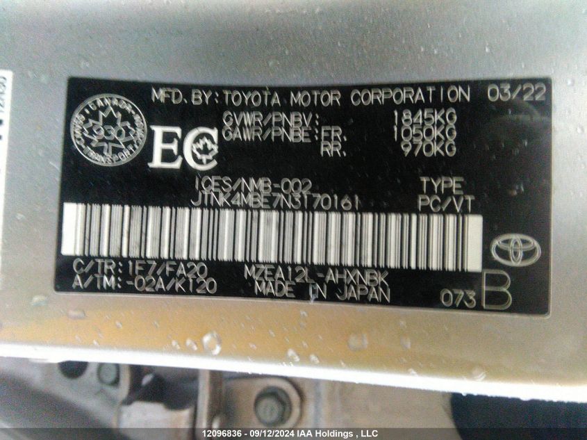 2022 Toyota Corolla Se VIN: JTNK4MBE7N3170161 Lot: 12096836