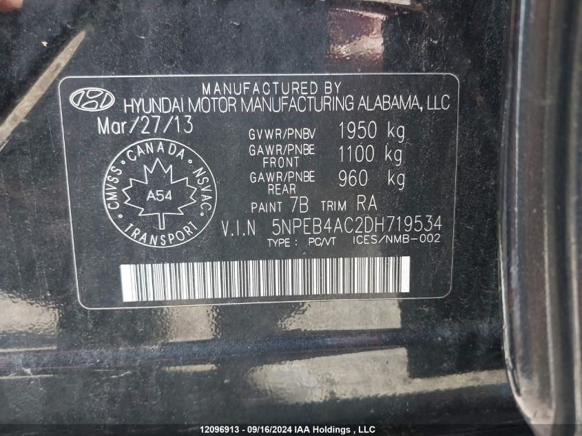 5NPEB4AC2DH719534 2013 Hyundai Sonata Gls