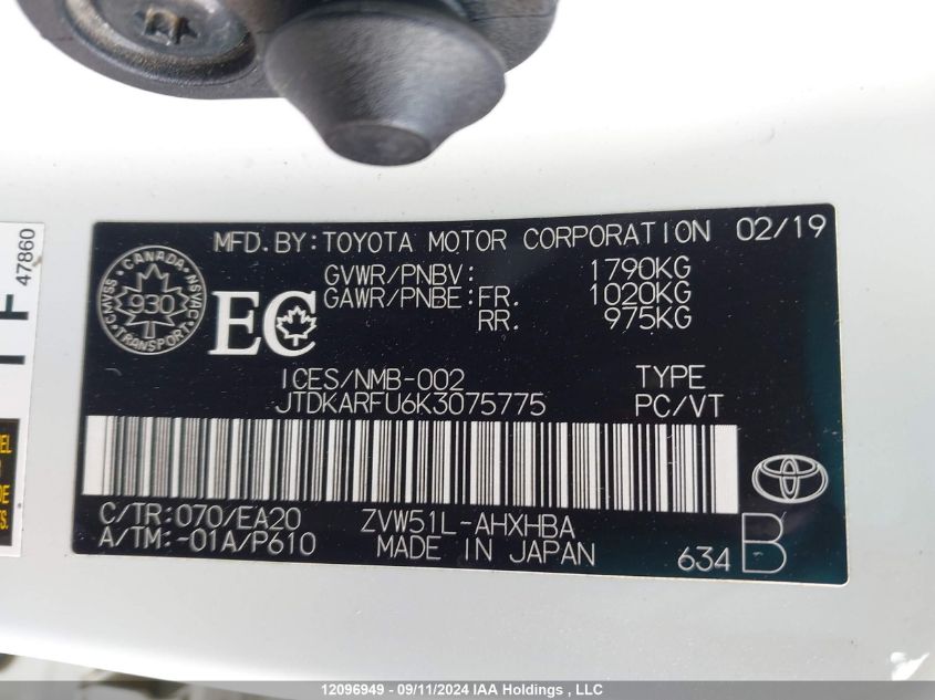 2019 Toyota Prius VIN: JTDKARFU6K3075775 Lot: 12096949