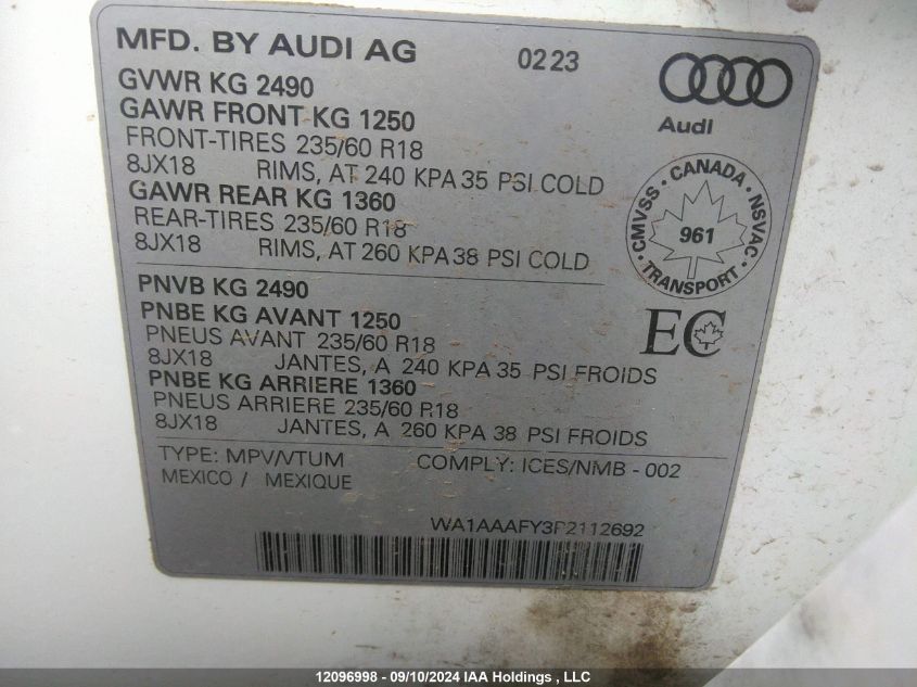 2023 Audi Q5 Komfort 45 VIN: WA1AAAFY3P2112692 Lot: 12096998