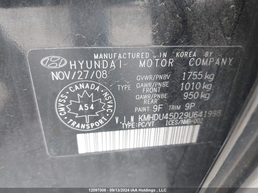 KMHDU45D29U641998 2009 Hyundai Elantra