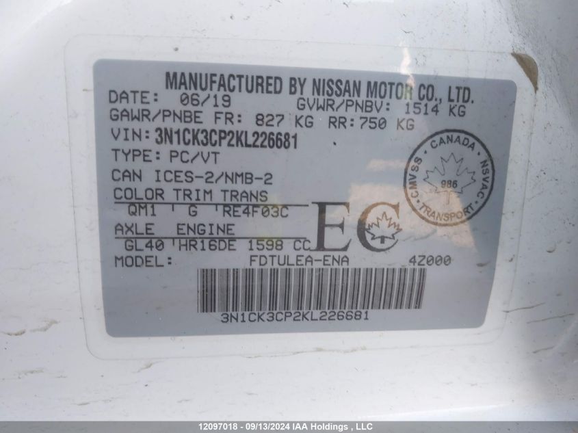 3N1CK3CP2KL226681 2019 Nissan Micra