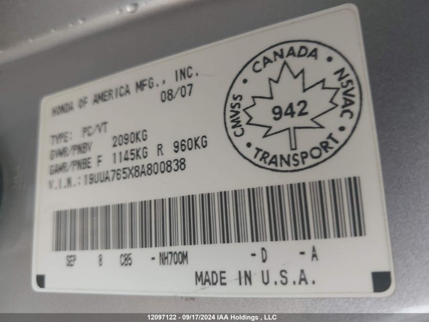 2008 Acura Tl VIN: 19UUA765X8A800838 Lot: 12097122