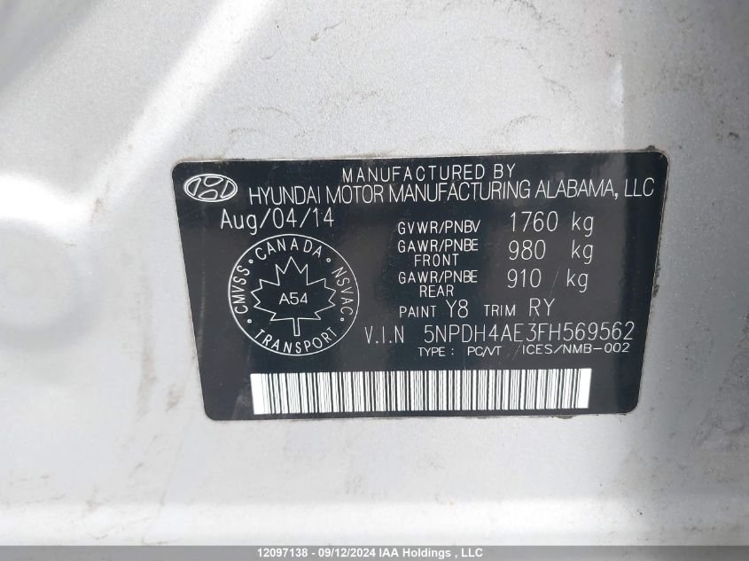 5NPDH4AE3FH569562 2015 Hyundai Elantra Se/Sport/Limited