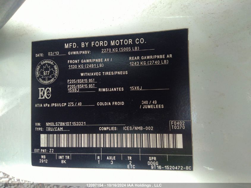 2013 Ford Transit Connect Xlt VIN: NM0LS7BN1DT153321 Lot: 12097154