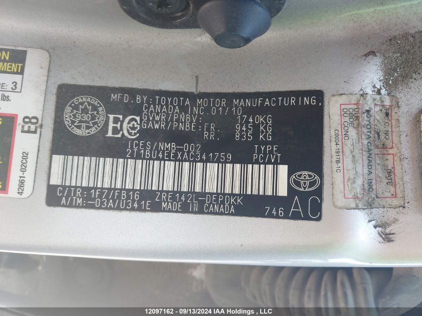 2010 Toyota Corolla S/Le/Xle VIN: 2T1BU4EEXAC341759 Lot: 12097162