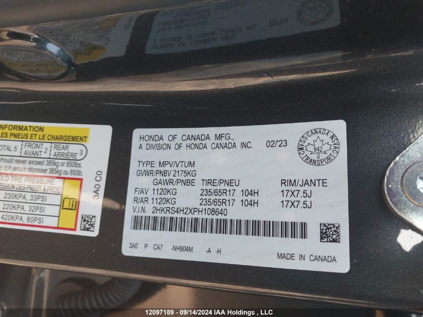 2023 Honda Cr-V VIN: 2HKRS4H2SPH108640 Lot: 12097189
