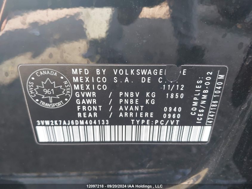 2013 Volkswagen Jetta Sedan VIN: 3VW2K7AJ6DM404133 Lot: 12097218