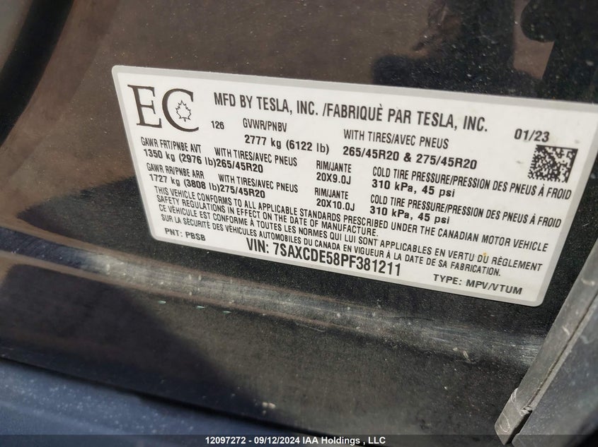 7SAXCDE58PF381211 2023 TESLA MODEL X photo no. 9
