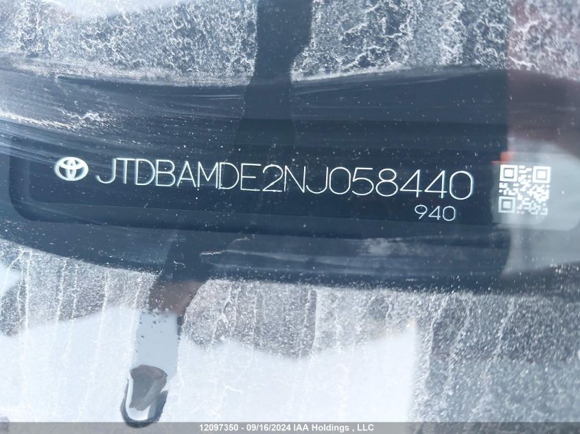 2022 Toyota Corolla Hybrid Base W/Li Battery VIN: JTDBAMDE2NJ058440 Lot: 12097350