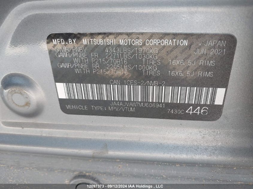 2021 Mitsubishi Rvr VIN: JA4AJVAW7MU606941 Lot: 12097373