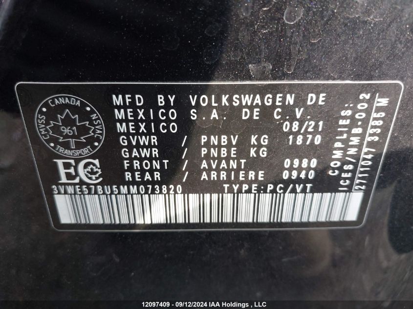 2021 Volkswagen Jetta VIN: 3VWE57BU5MM073820 Lot: 12097409