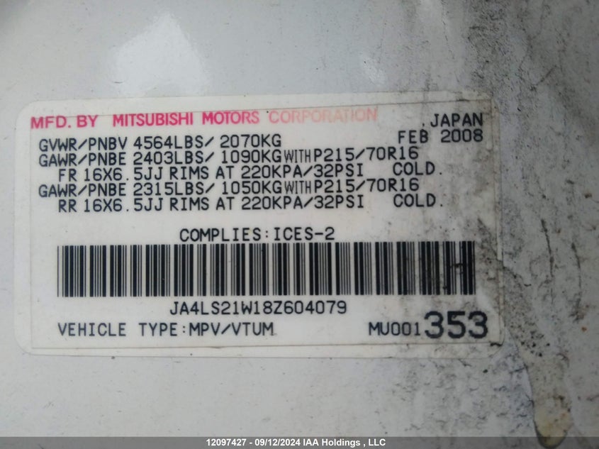 2008 Mitsubishi Outlander Es VIN: JA4LS21W18Z604079 Lot: 12097427