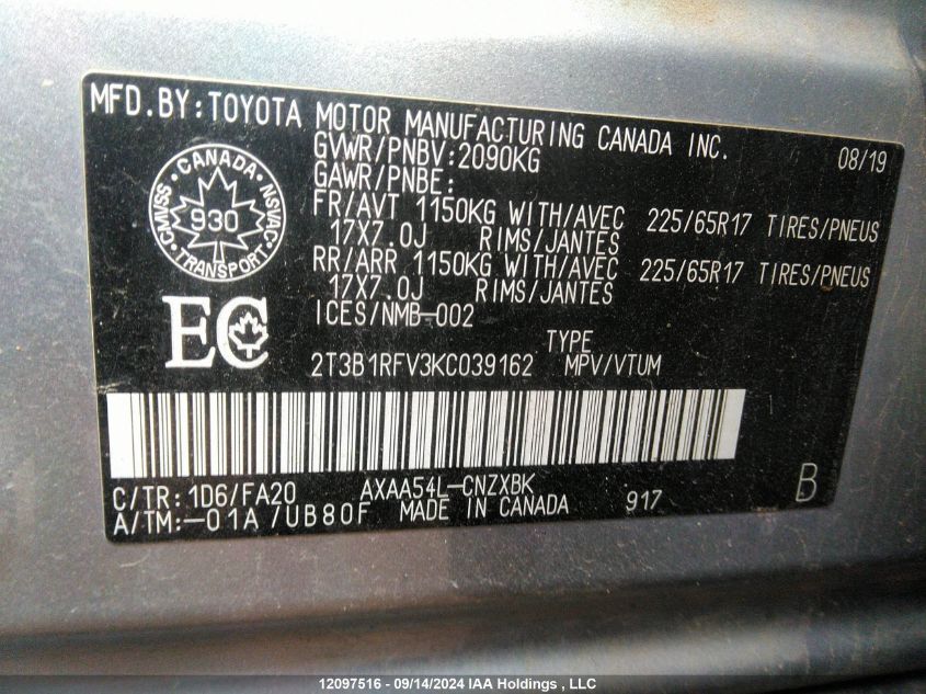 2T3B1RFV3KC039162 2019 Toyota Rav4 Le