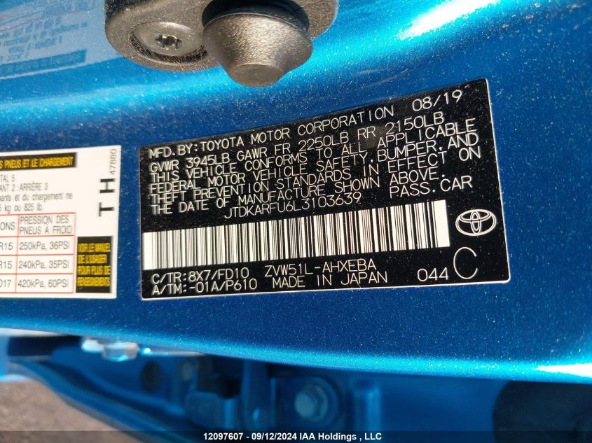 2020 Toyota Prius Le VIN: JTDKARFU6L3103639 Lot: 12097607