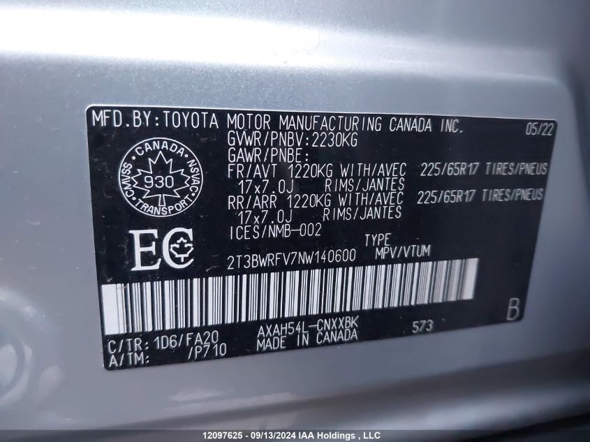 2T3BWRFV7NW140600 2022 Toyota Rav4 Hybrid Le