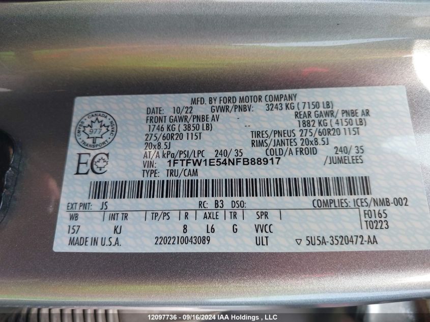 2022 Ford F-150 King Ranch VIN: 1FTFW1E54NFB88917 Lot: 12097736