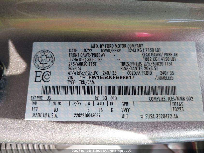 2022 Ford F-150 King Ranch VIN: 1FTFW1E54NFB88917 Lot: 12097736