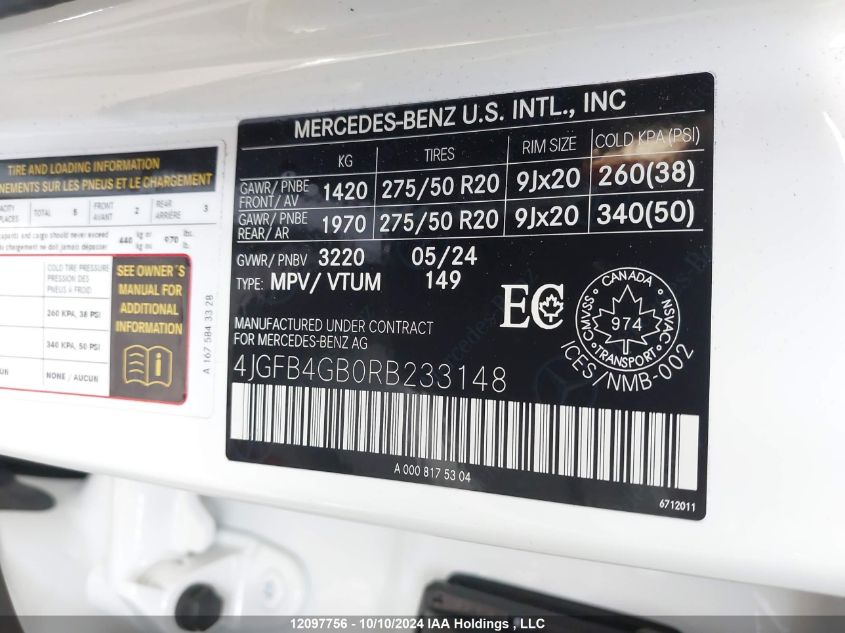 2024 Mercedes-Benz Gle VIN: 4JGFB4GB0RB233148 Lot: 12097756