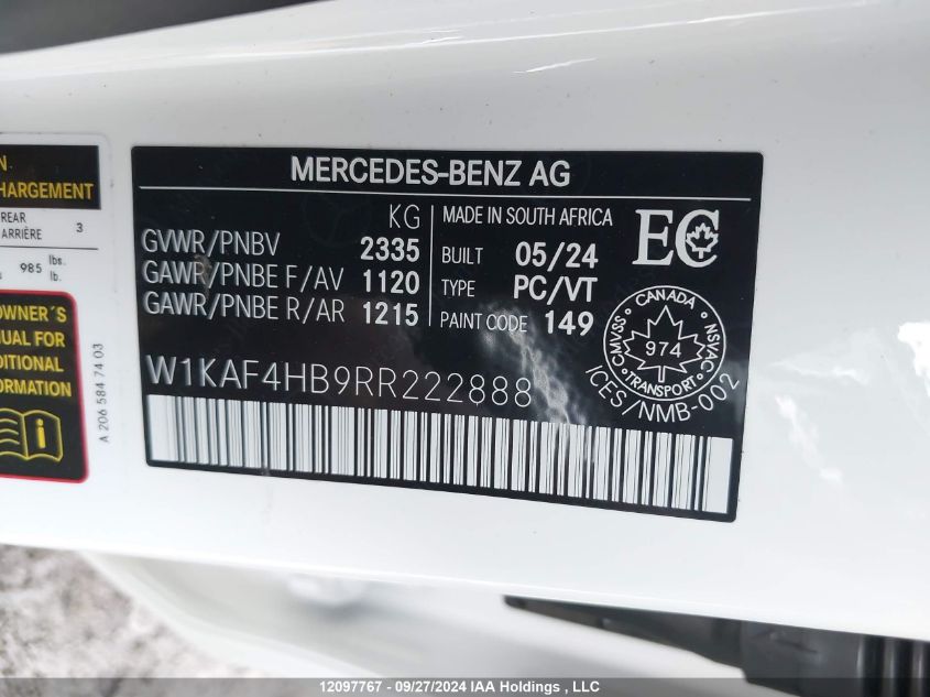 2024 Mercedes-Benz C-Class VIN: W1KAF4HB9RR222888 Lot: 12097767