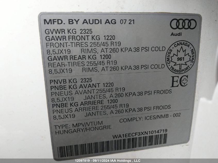 2022 Audi Q3 VIN: WA1EECF3XN1014719 Lot: 12097819