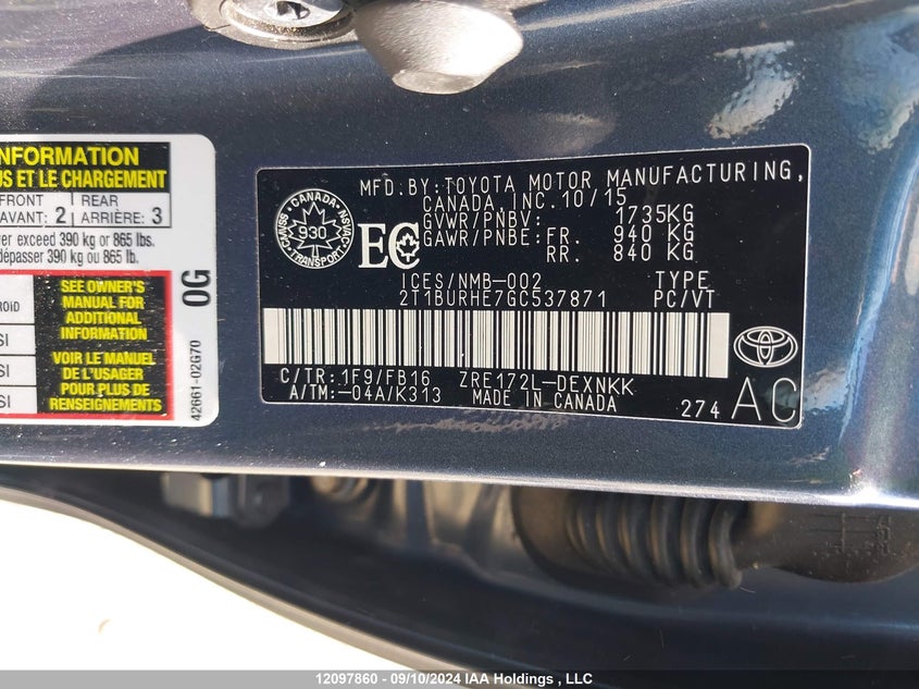 2016 Toyota Corolla L/Le/Le Pls/Prm/S/S Pls VIN: 2T1BURHE7GC537871 Lot: 12097860