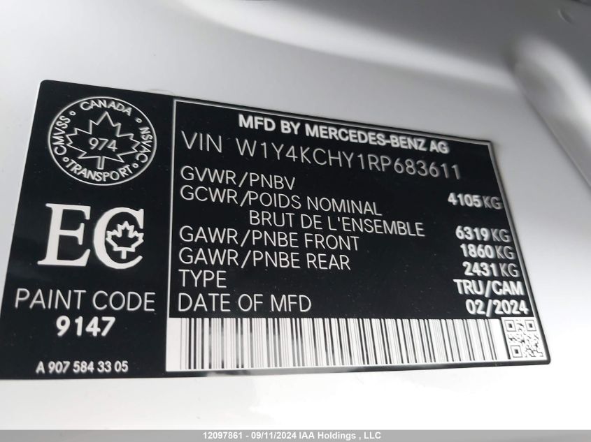 2024 Mercedes-Benz Sprinter 2500 VIN: W1Y4KCHY1RP683611 Lot: 12097861