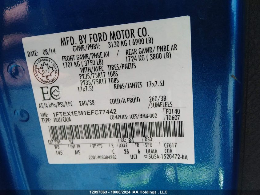 2014 Ford F-150 Xlt VIN: 1FTEX1EM1EFC77442 Lot: 12097863