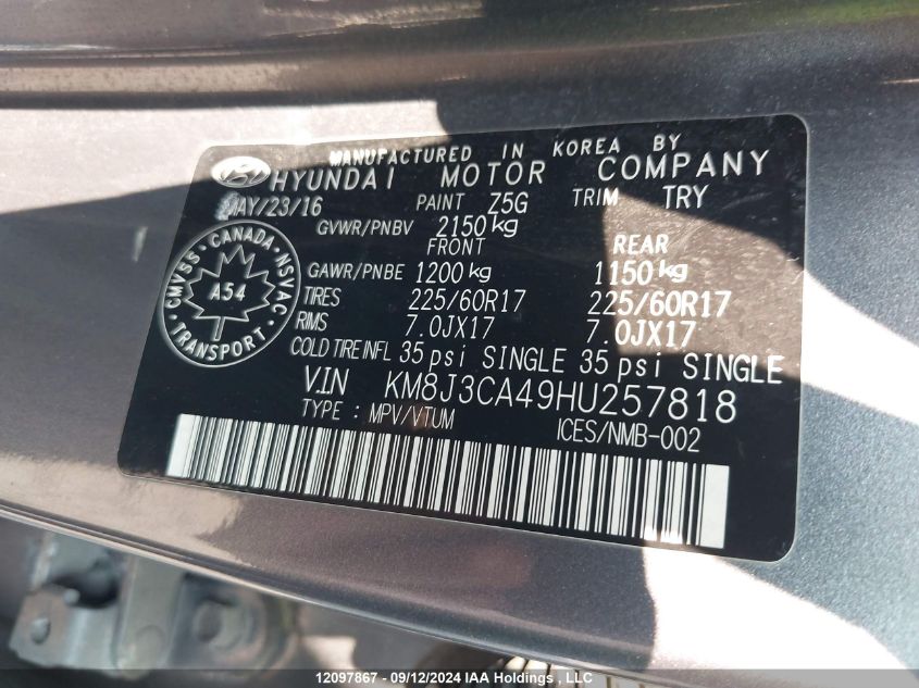 2017 Hyundai Tucson Limited/Sport And Eco/Se VIN: KM8J3CA49HU257818 Lot: 12097867