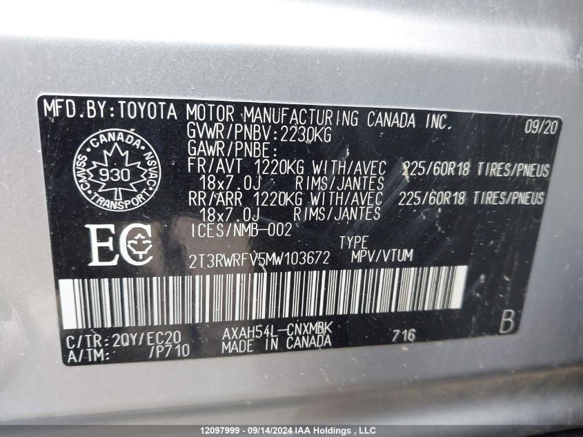 2021 Toyota Rav4 Xle VIN: 2T3RWRFV5MW103672 Lot: 12097999