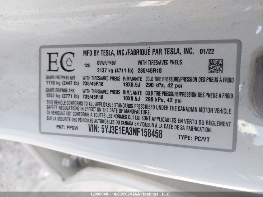 2022 Tesla Model 3 VIN: 5YJ3E1EA3NF158458 Lot: 12098040