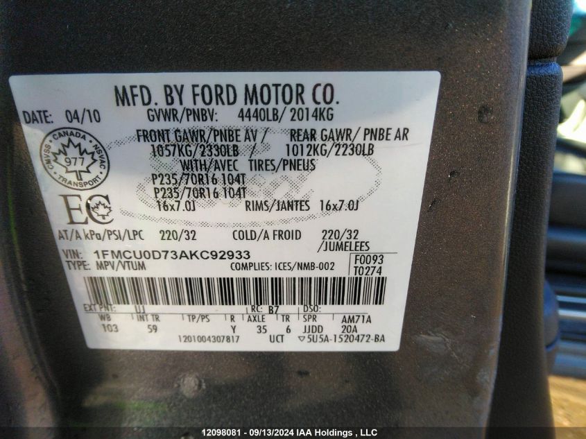 1FMCU0D73AKC92933 2010 Ford Escape Xlt